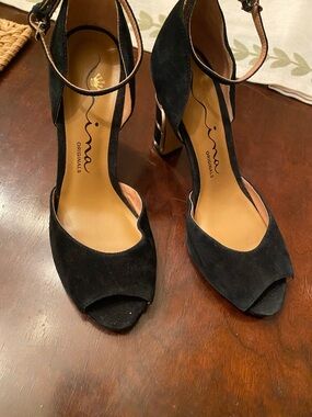 Nina Black Suede Peep-Toe Ankle-Strap Heels